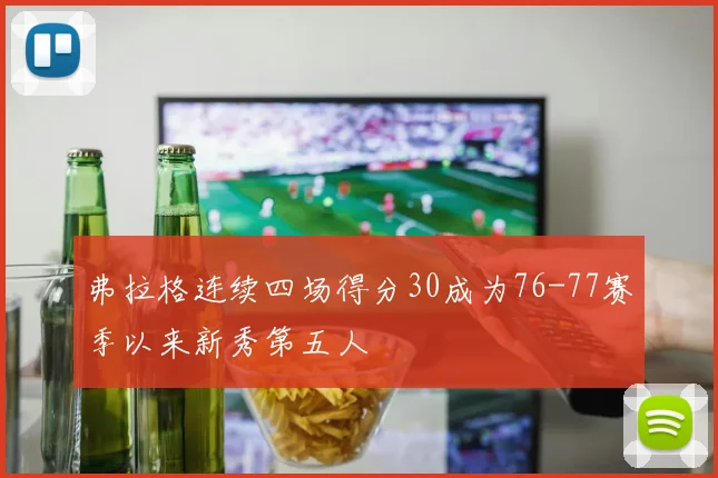 弗拉格连续四场得分30成为76-77赛季以来新秀第五人